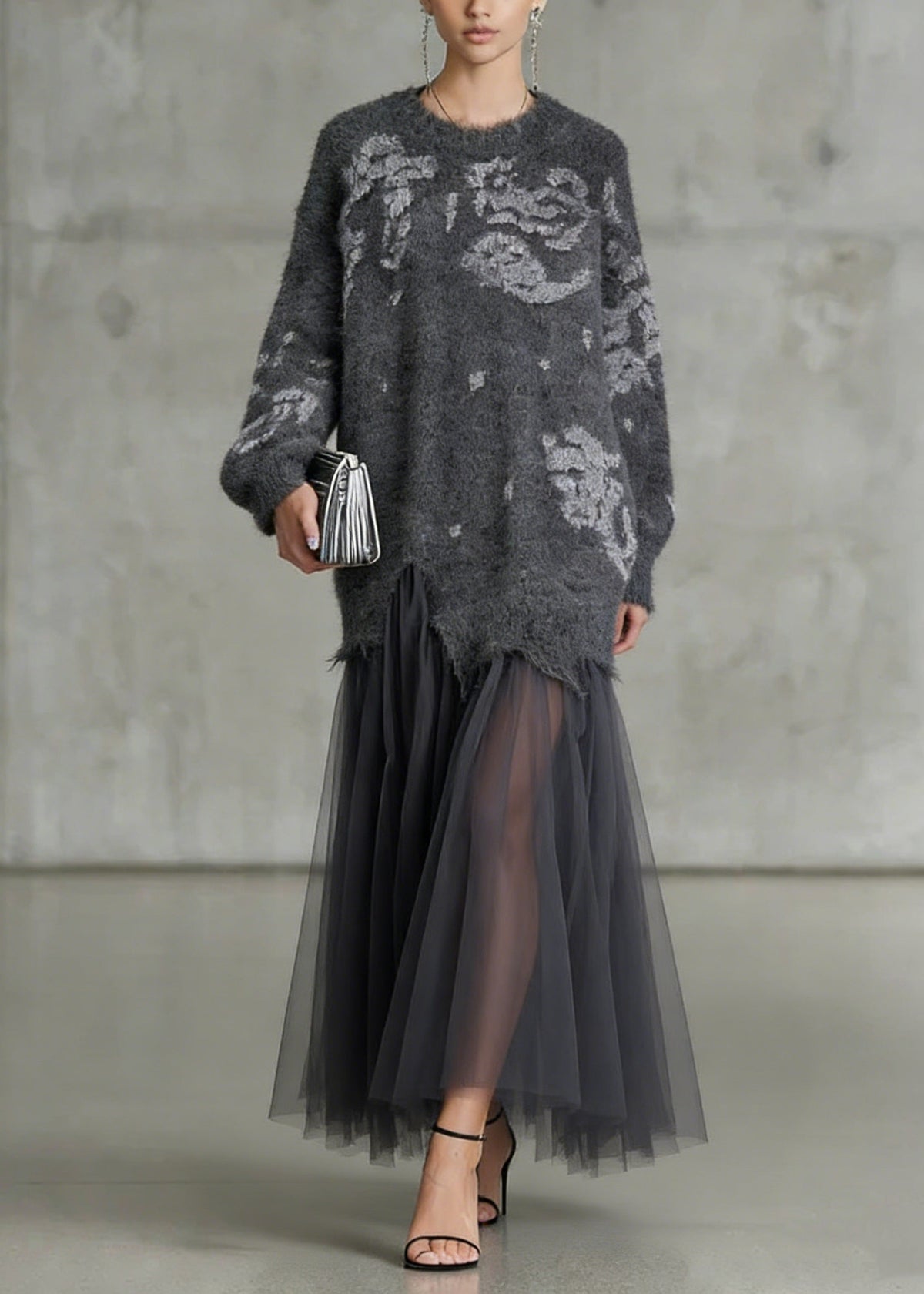 Floral Knit Tulle Patchwork Crew Neck Long Sleeve Maxi Dress - View 5