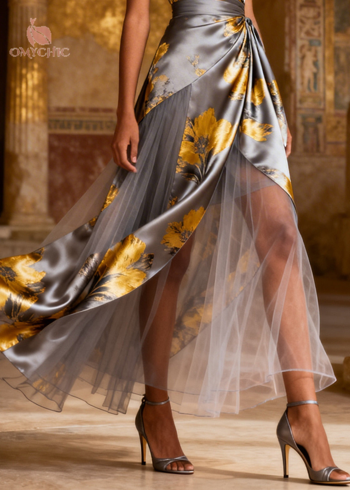 Satin Floral Print Deep V-Neck Flutter Sleeve Wrap Maxi Gown - View 4