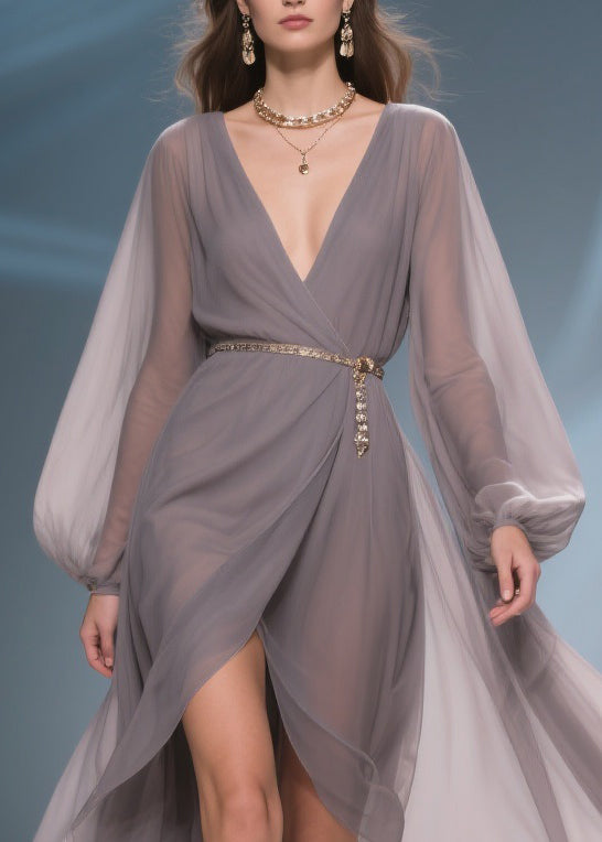 Chiffon Wrap Deep V-Neck Bishop Sleeve Chain Pendant Maxi Gown - View 2