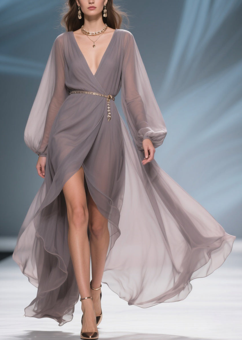Chiffon Wrap Deep V-Neck Bishop Sleeve Chain Pendant Maxi Gown - View 5