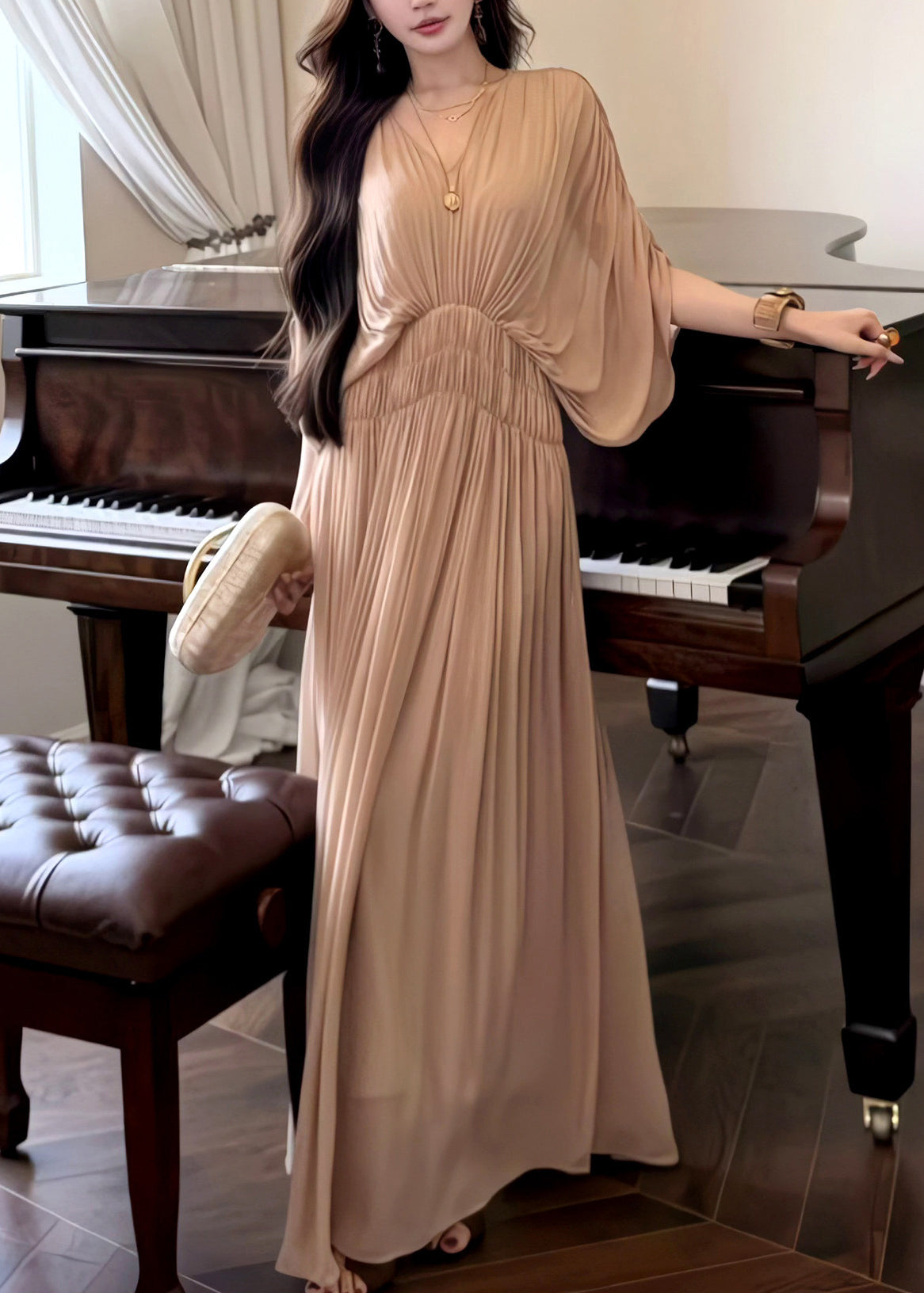 Chiffon Pleated Deep V-Neck Batwing Sleeve Smocked Waist Maxi Dress - View 5