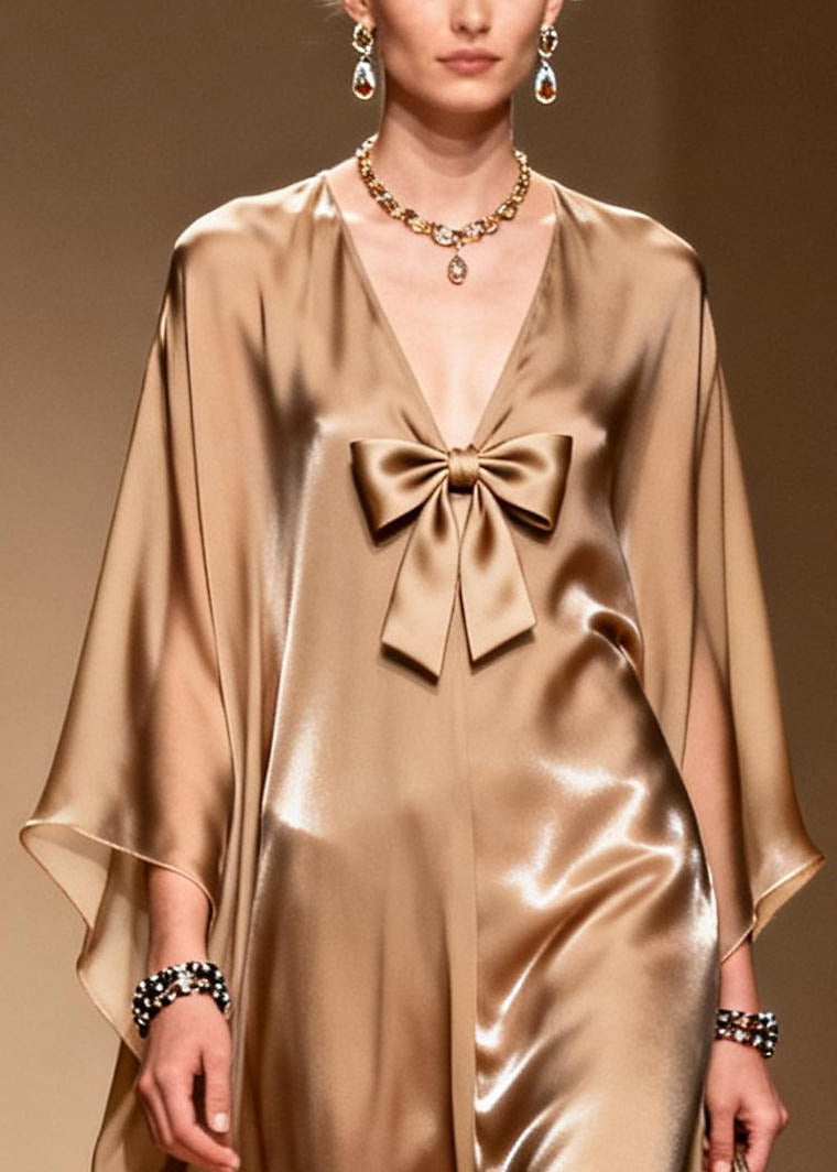 French Khaki V Neck Bow Chiffon Maxi Dress Summer - View 2