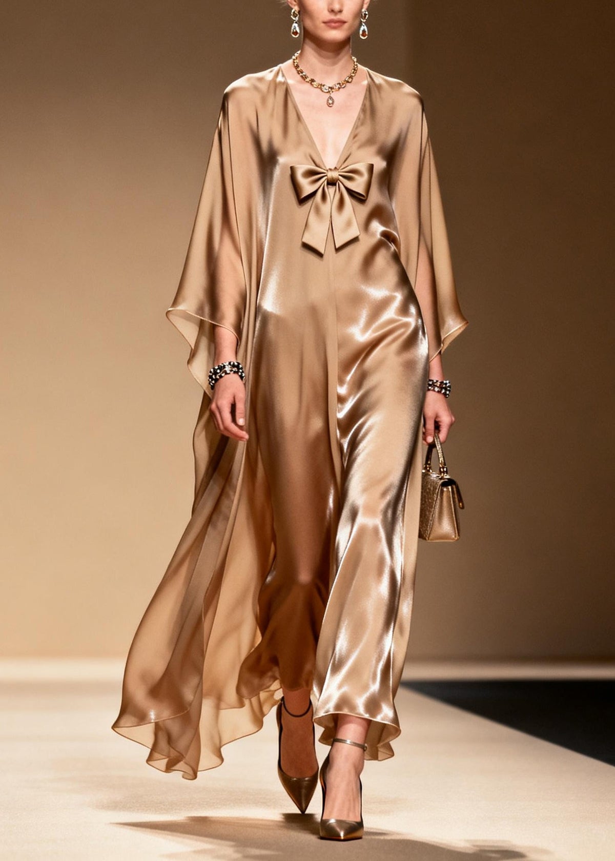 French Khaki V Neck Bow Chiffon Maxi Dress Summer - View 5