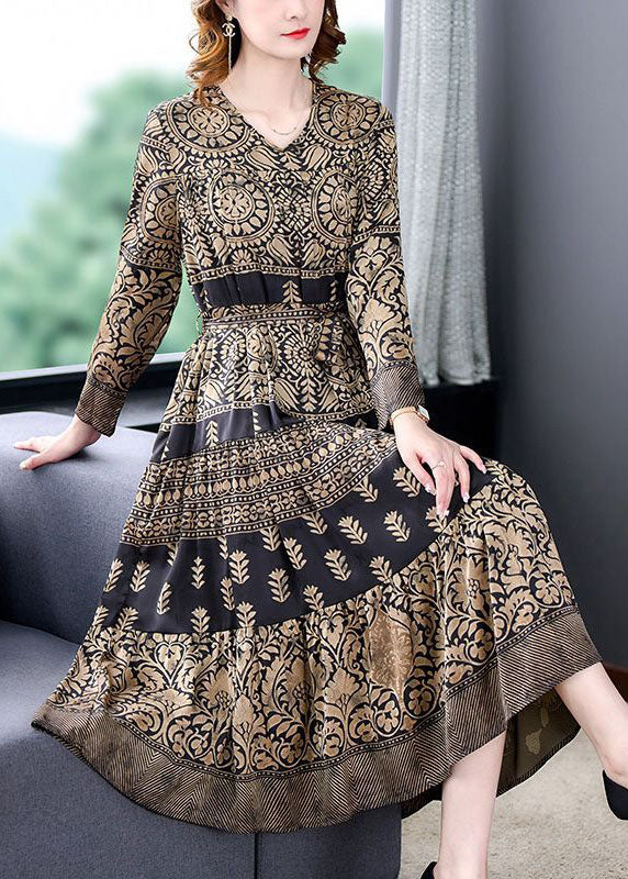 Mandala Print V-Neck Long Sleeve Belted A-Line Midi Dress - View 2