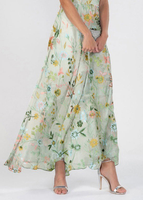Chiffon Floral Embroidered V-Neck Button Front A-Line Maxi Dress - View 4