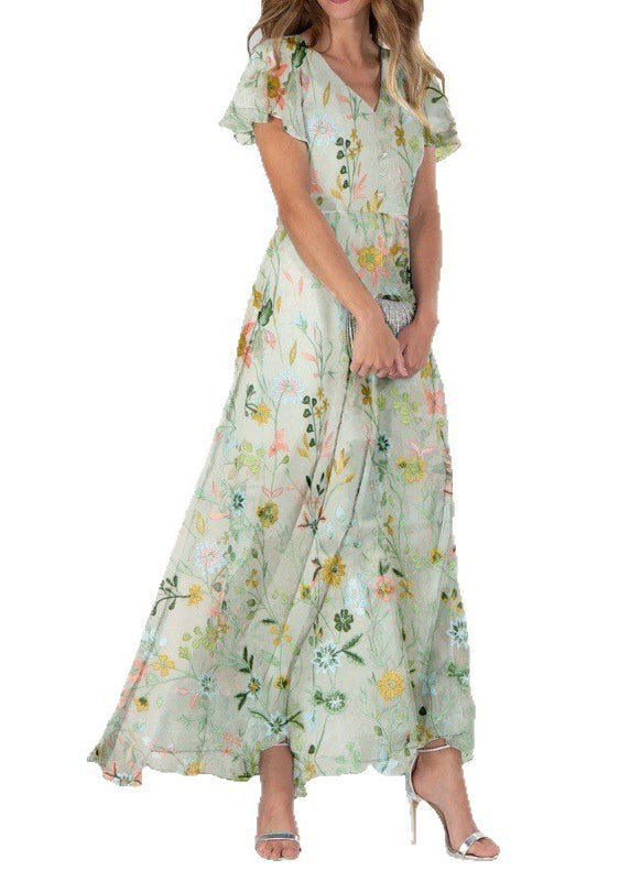 Chiffon Floral Embroidered V-Neck Button Front A-Line Maxi Dress - View 5
