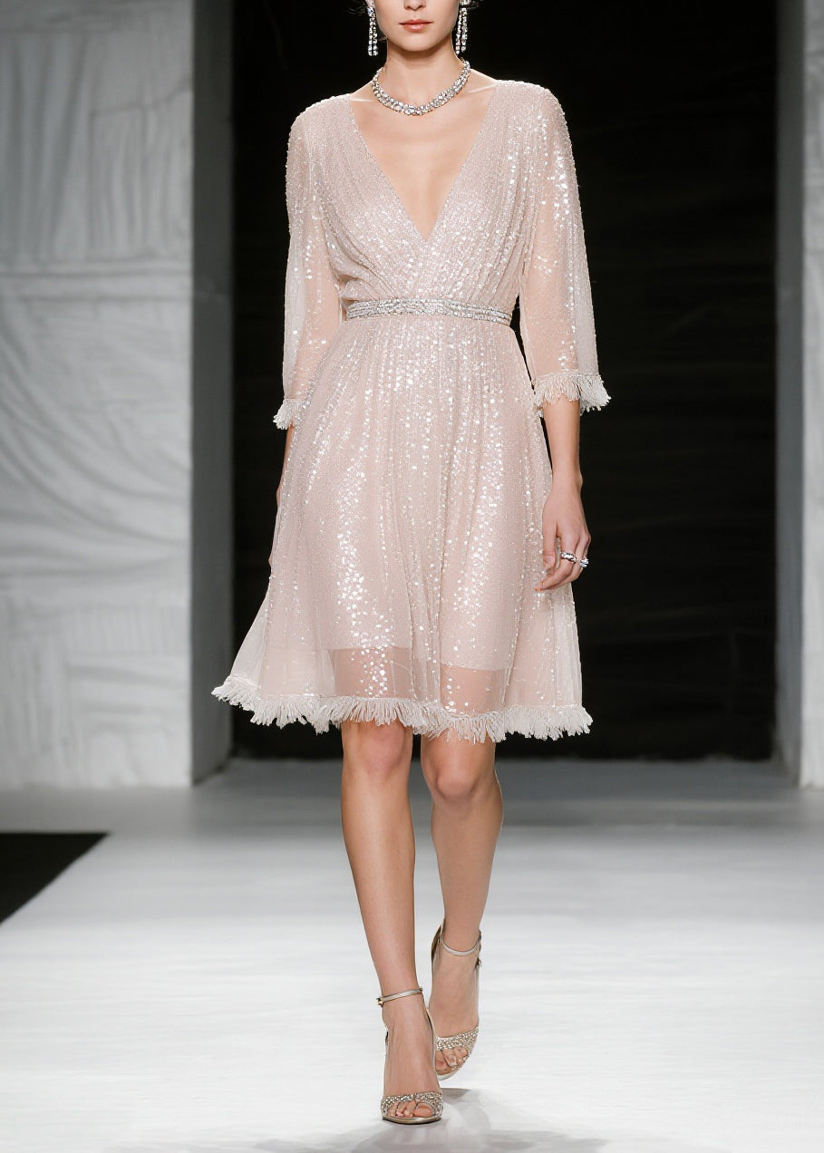 Sequin Deep V-Neck Wrap Tassel Hem Fit and Flare Mini Party Dress - View 3