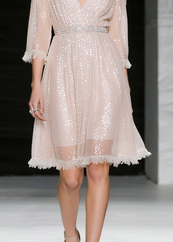Sequin Deep V-Neck Wrap Tassel Hem Fit and Flare Mini Party Dress - View 4