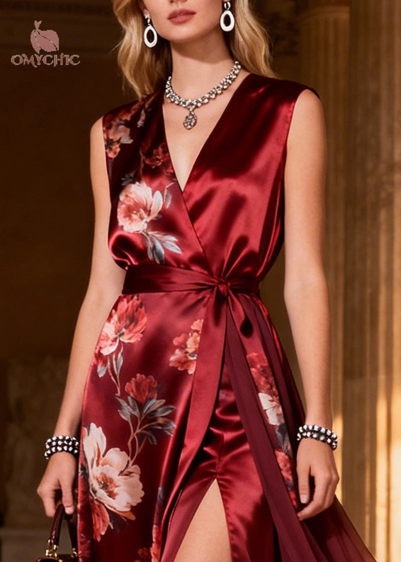 Floral Print Wrap V-Neck Tie Belt High Split Sheer Train Maxi Gown - View 2