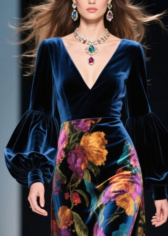 Velvet Floral Print Deep V-Neck Puff Sleeve High Split Maxi Gown - View 2