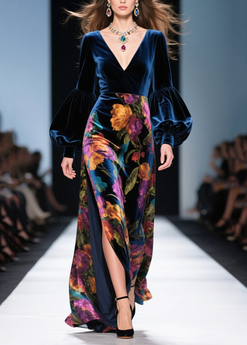 Velvet Floral Print Deep V-Neck Puff Sleeve High Split Maxi Gown - View 3