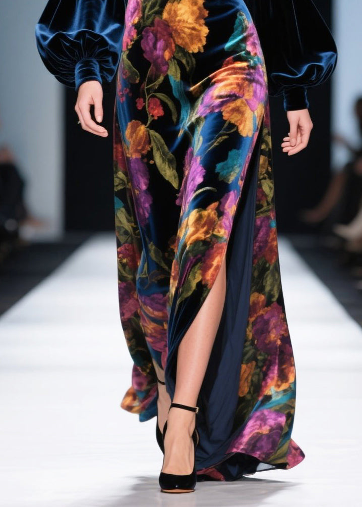 Velvet Floral Print Deep V-Neck Puff Sleeve High Split Maxi Gown - View 4