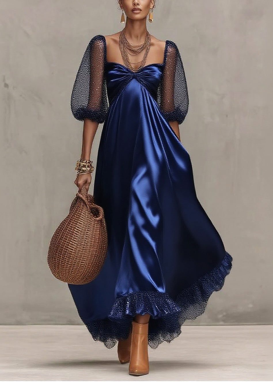 Sequin Mesh Puff Sleeve Sweetheart Neck Empire Waist Maxi Gown