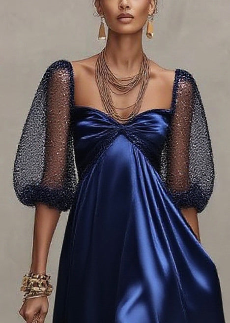 Sequin Mesh Puff Sleeve Sweetheart Neck Empire Waist Maxi Gown - View 2