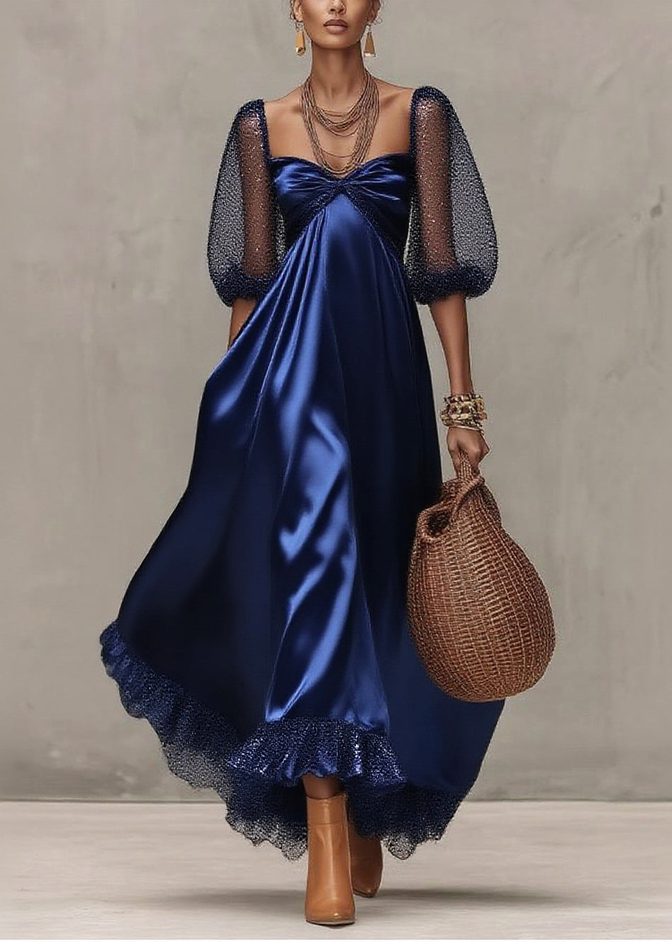 Sequin Mesh Puff Sleeve Sweetheart Neck Empire Waist Maxi Gown - View 3
