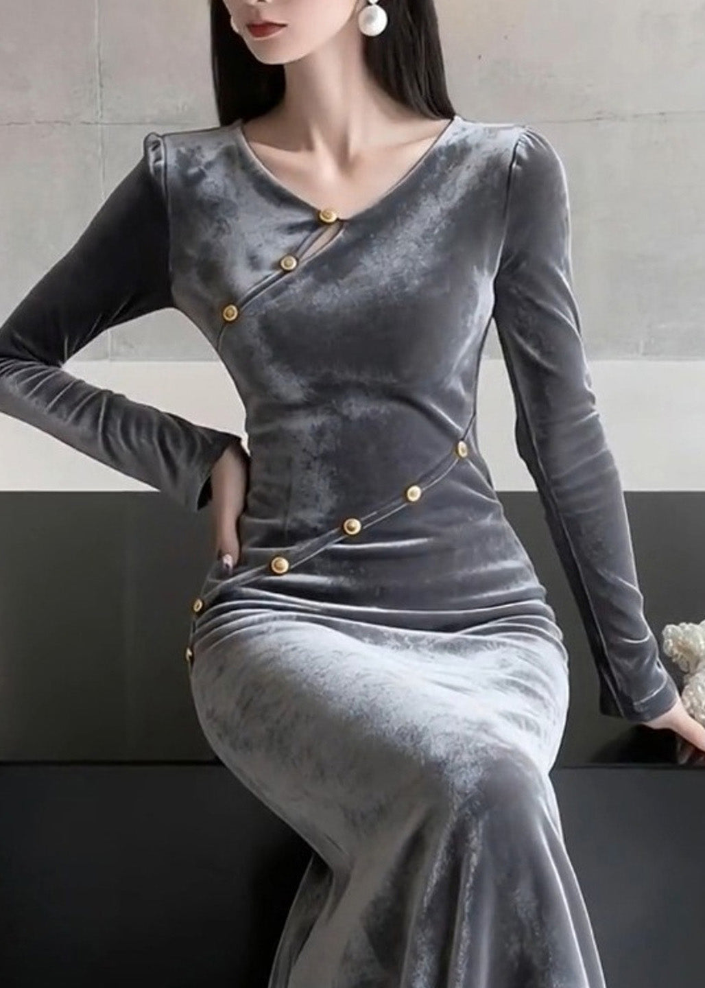 Velvet Asymmetric V-Neck Gold Button Long Sleeve Mermaid Maxi Gown - View 4