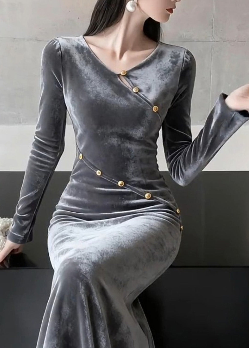 Velvet Asymmetric V-Neck Gold Button Long Sleeve Mermaid Maxi Gown - View 5