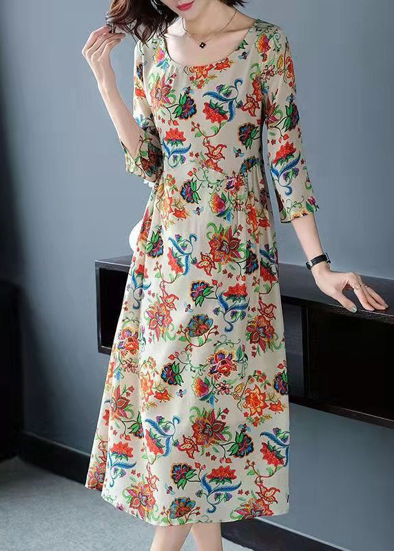 Chiffon Floral Print Round Neck Three Quarter A-Line Midi Dress - View 2
