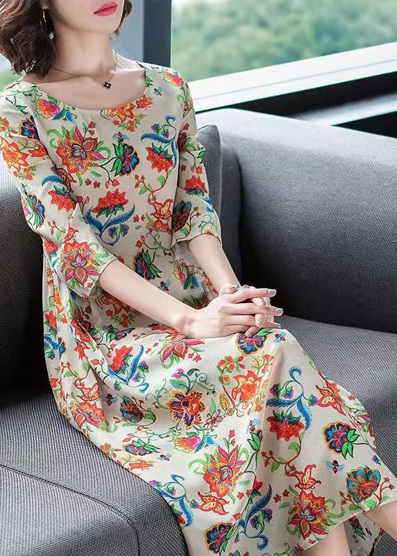 Chiffon Floral Print Round Neck Three Quarter A-Line Midi Dress - View 3