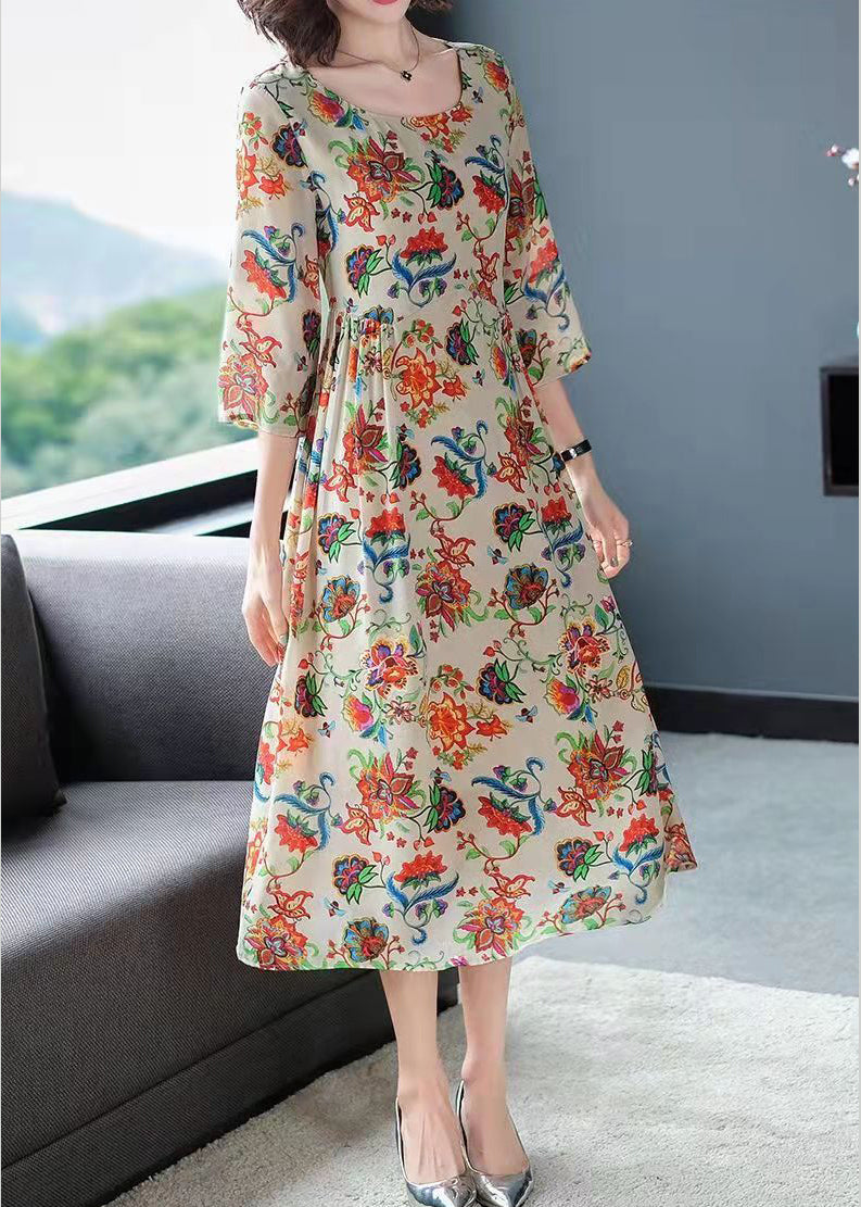 Chiffon Floral Print Round Neck Three Quarter A-Line Midi Dress - View 4