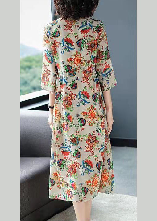 Chiffon Floral Print Round Neck Three Quarter A-Line Midi Dress - View 5