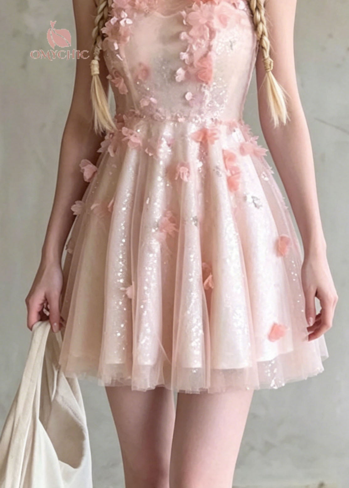Sequin Mesh High Neck 3D Floral Appliqué Tiered Tulle Mini Party Dress - View 4