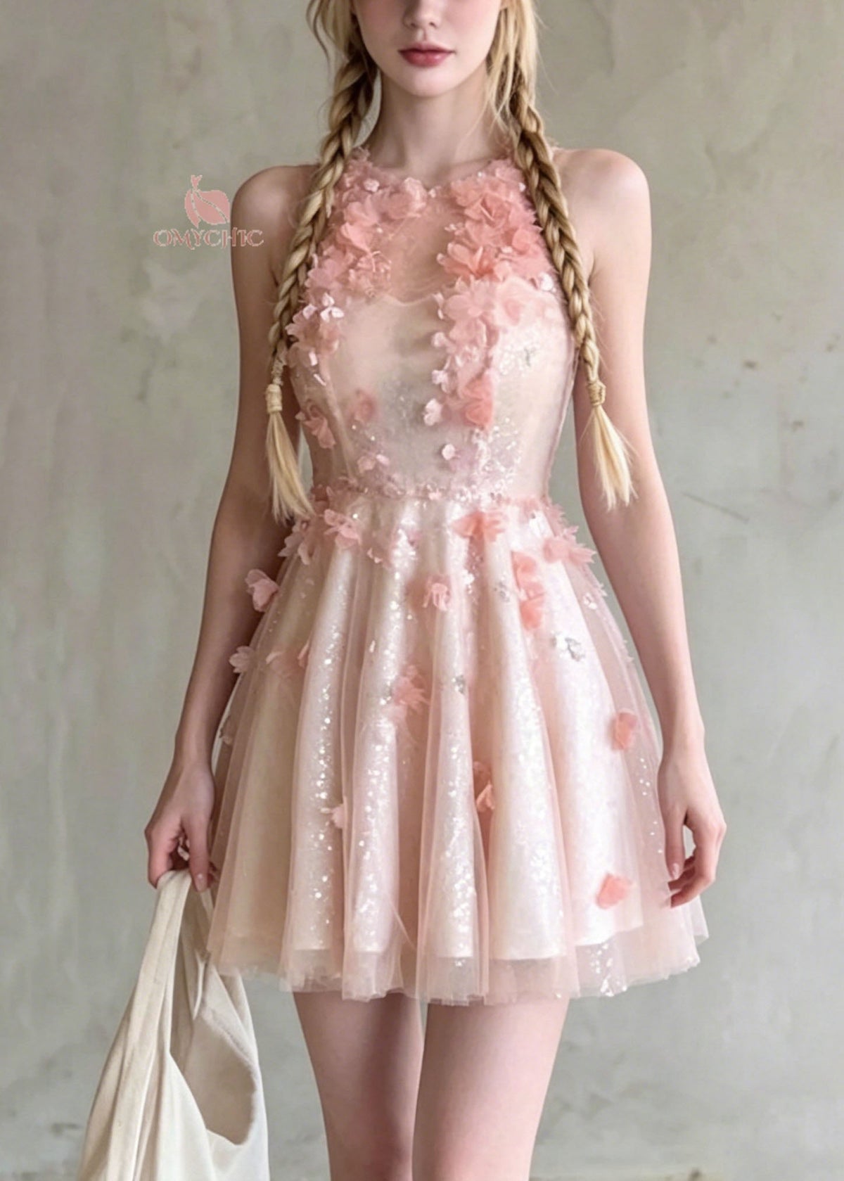 Sequin Mesh High Neck 3D Floral Appliqué Tiered Tulle Mini Party Dress - View 5