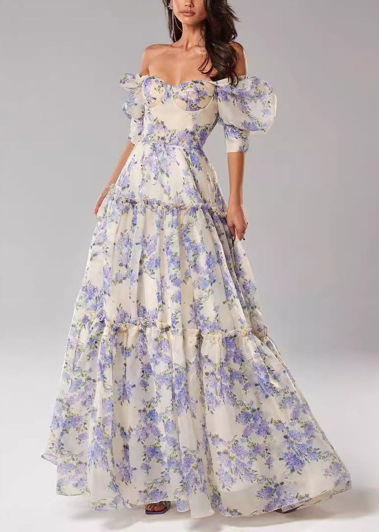 French Pink Ruffled Print Chiffon Long Dresses Summer - View 2