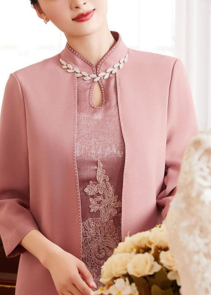 Floral Lace Mandarin Collar Keyhole Beaded Trim Open Front Set - View 2