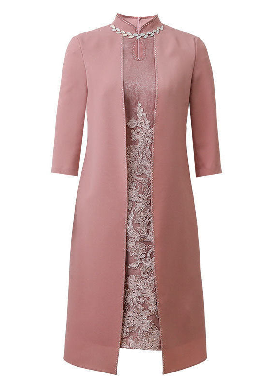 Floral Lace Mandarin Collar Keyhole Beaded Trim Open Front Set - View 5