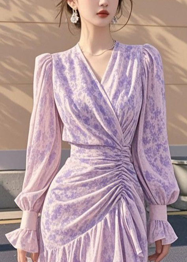 French Purple Ruffled Cinched Asymmetrical Chiffon Dress Fall - View 2
