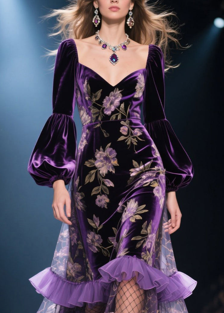 French Purple Ruffled Print Patchwork Velvet Dresses Fall - View 2