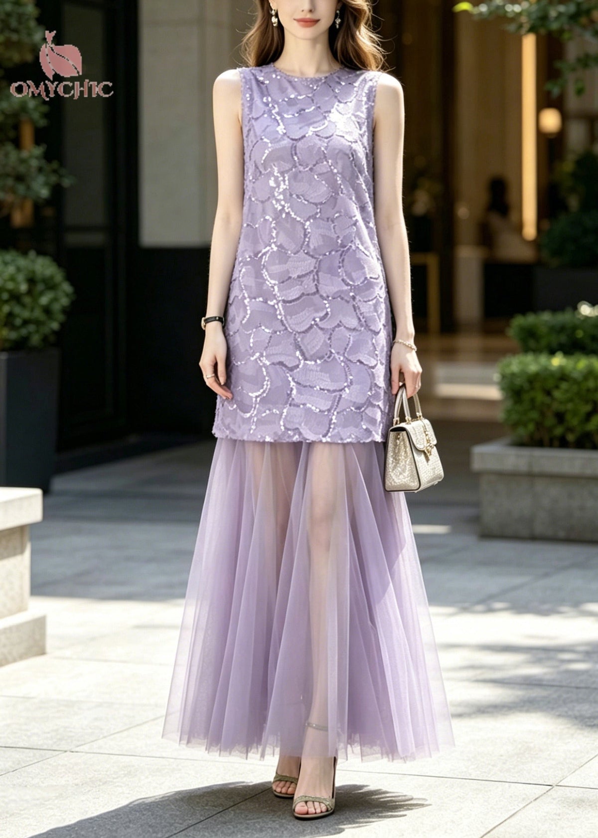 Sequin Tulle Crew Neck Sleeveless Maxi Dress - View 3