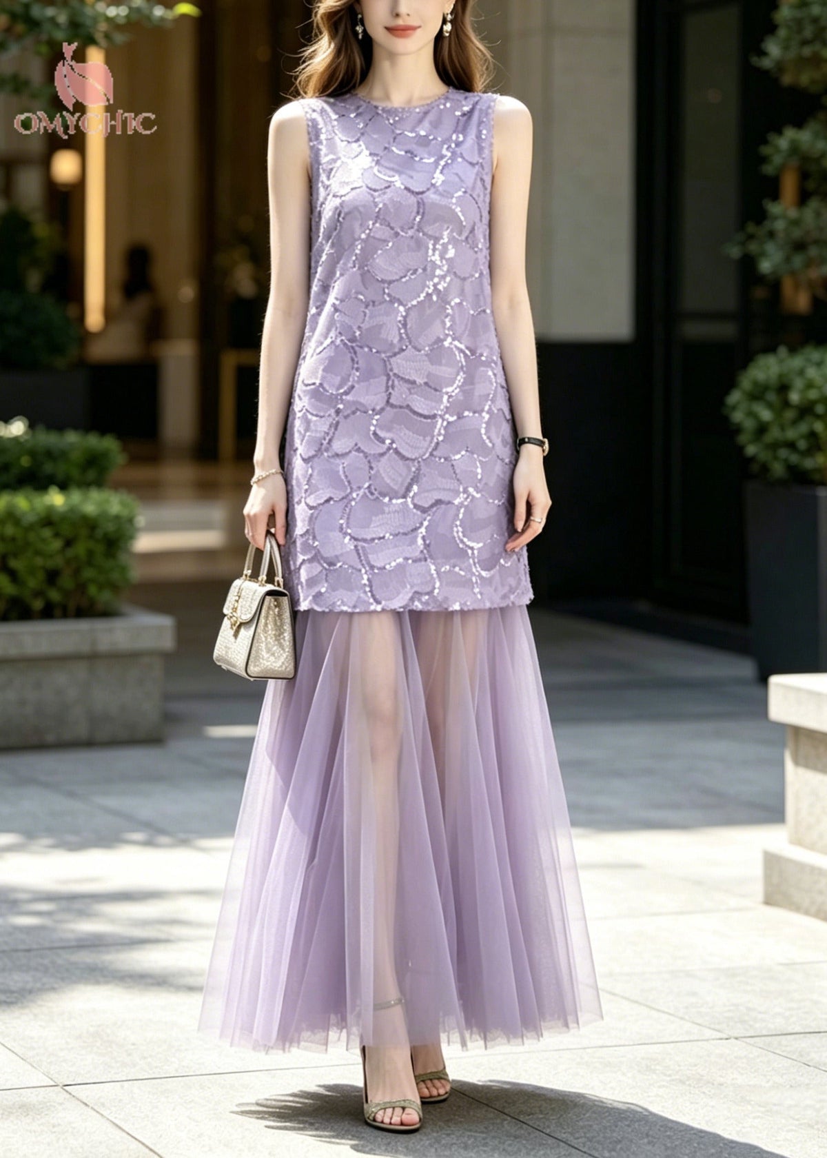 Sequin Tulle Crew Neck Sleeveless Maxi Dress - View 5