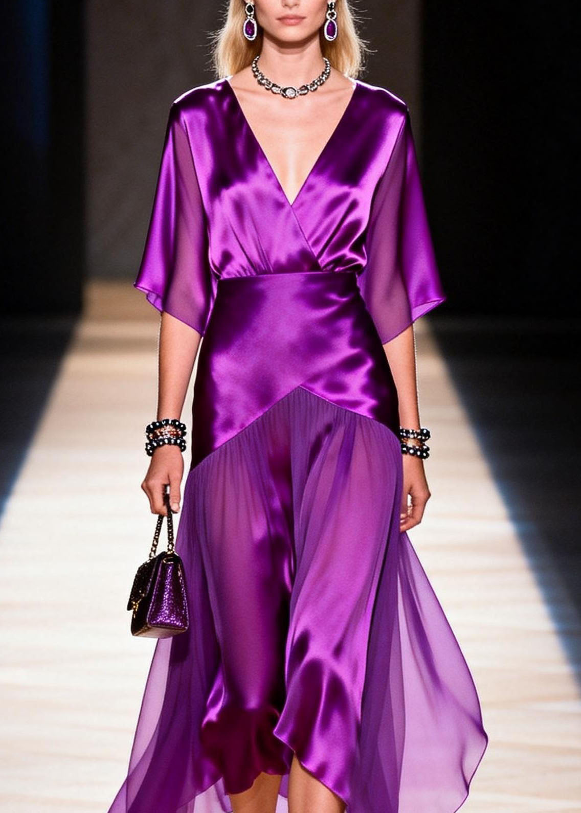Satin Wrap Deep V-Neck Flutter Sleeve Handkerchief Hem Midi Dress - View 2