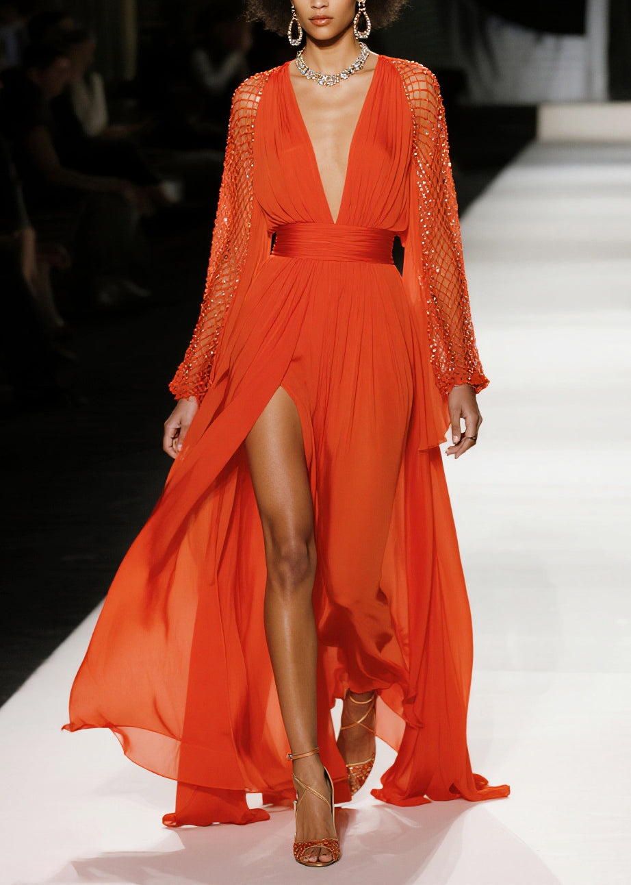 Sequin Mesh Bell Sleeve Deep V-Neck Ruched Waist High Split Maxi Gown - View 3