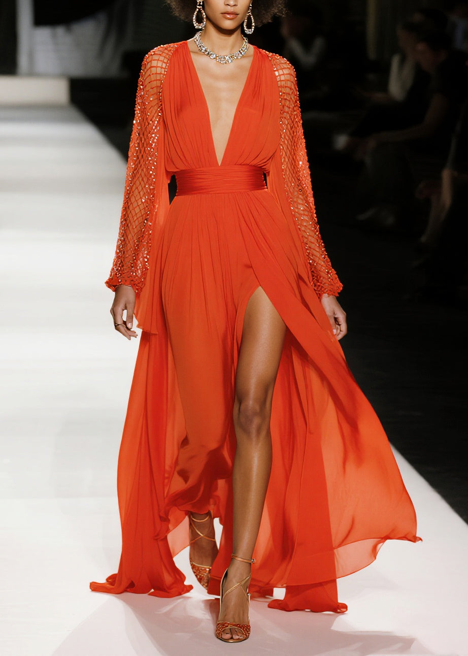 Sequin Mesh Bell Sleeve Deep V-Neck Ruched Waist High Split Maxi Gown - View 5