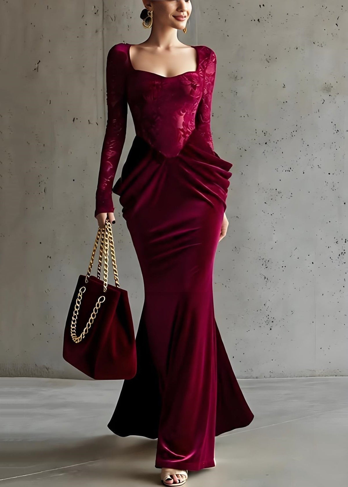 Velvet Lace Long Sleeve Sweetheart Neck Sculpted Hip Mermaid Gown