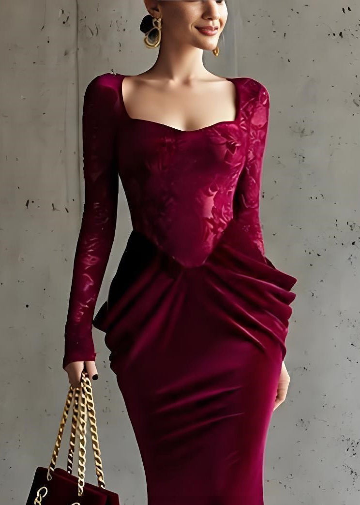 Velvet Lace Long Sleeve Sweetheart Neck Sculpted Hip Mermaid Gown - View 2