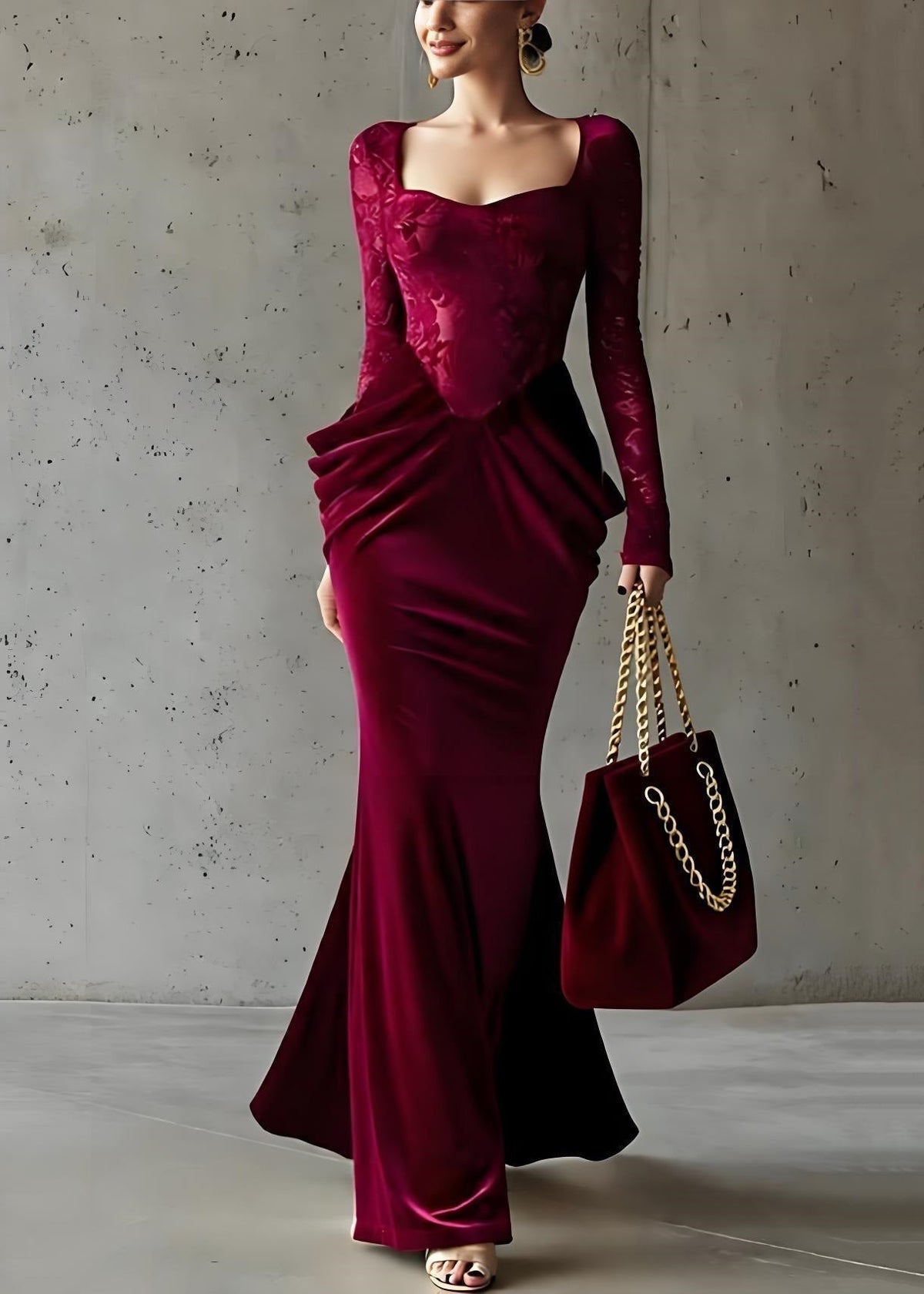 Velvet Lace Long Sleeve Sweetheart Neck Sculpted Hip Mermaid Gown - View 3