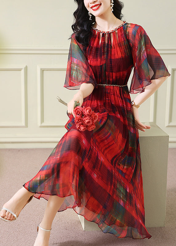 Pleated Chiffon Chain Trim Crew Neck Bell Sleeve Belted Midi Dress