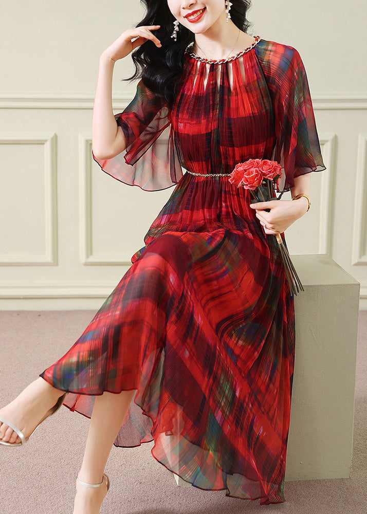 Pleated Chiffon Chain Trim Crew Neck Bell Sleeve Belted Midi Dress - View 2
