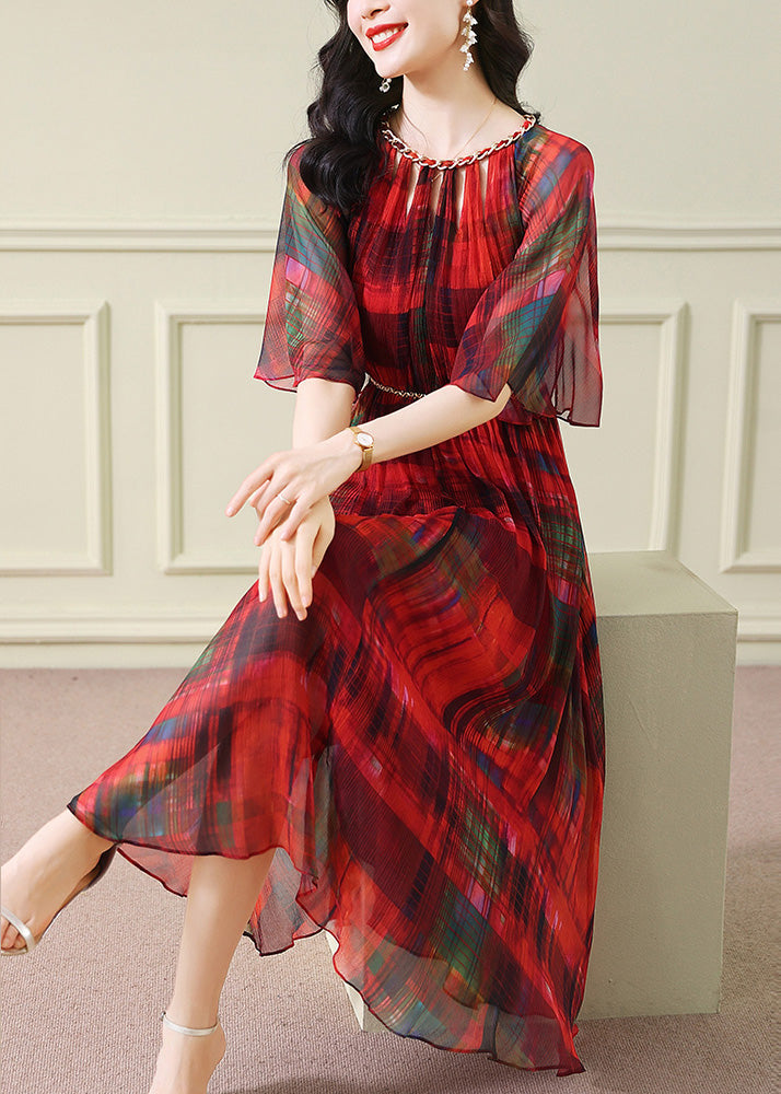 Pleated Chiffon Chain Trim Crew Neck Bell Sleeve Belted Midi Dress - View 5