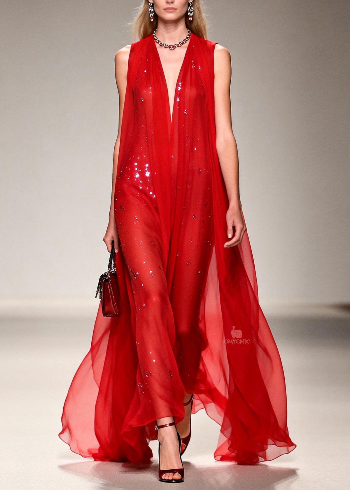 Sequin Deep V-Neck Sheer Cape Overlay Sleeveless Maxi Gown - View 3