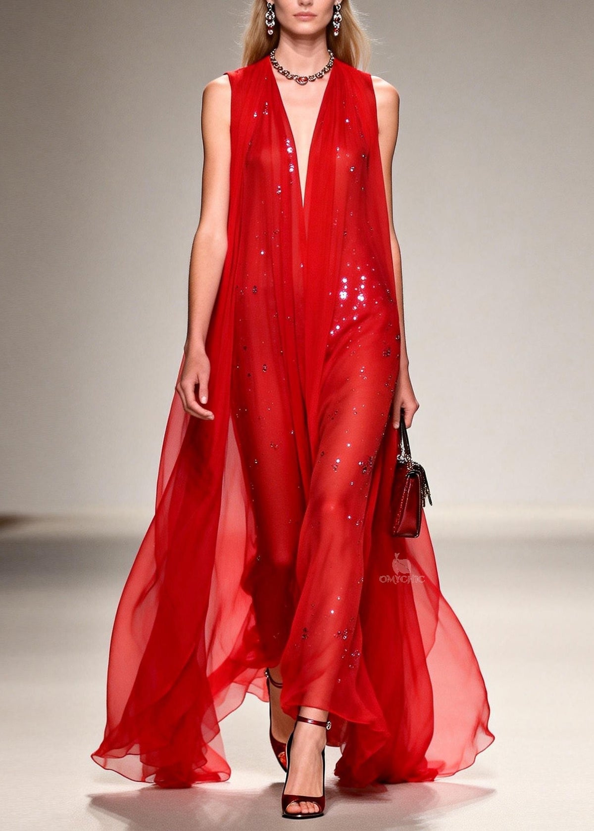 Sequin Deep V-Neck Sheer Cape Overlay Sleeveless Maxi Gown - View 5