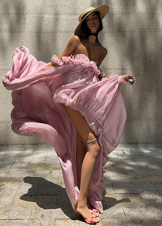 French Rose Ruffled Low High Design Chiffon Strapless Dresses Summer - View 3