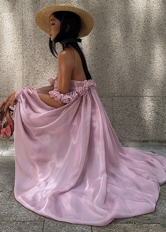 French Rose Ruffled Low High Design Chiffon Strapless Dresses Summer - View 5