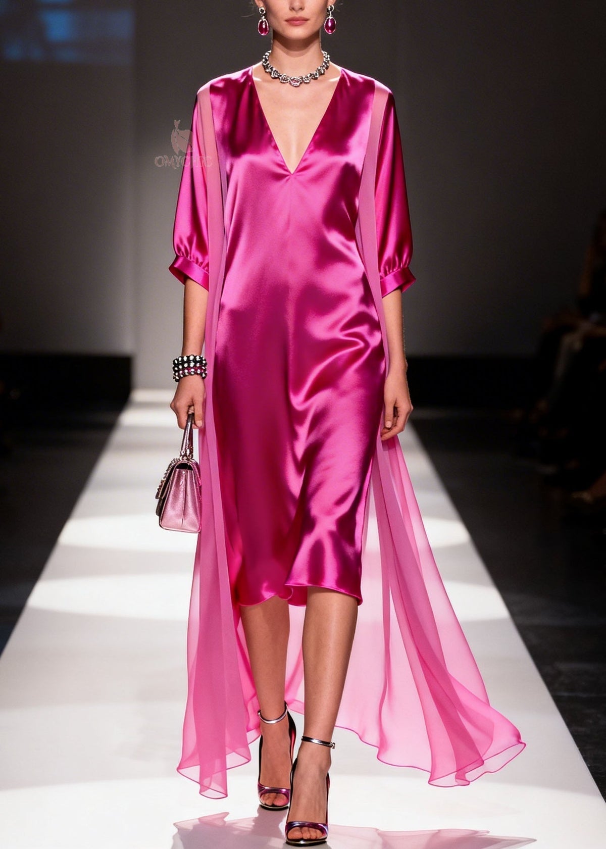 Satin Deep V-Neck Puff Sleeve Midi Sheer Floor Length Cape Set