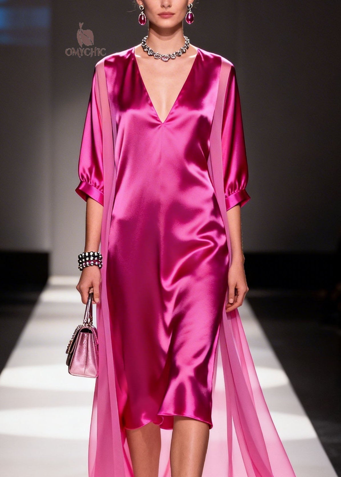 Satin Deep V-Neck Puff Sleeve Midi Sheer Floor Length Cape Set - View 2