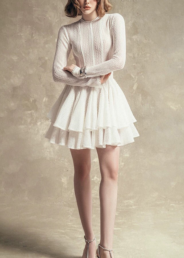 Sheer Open Knit Mock Neck Long Sleeve Tiered Knit Ruffle Mini Dress - View 4